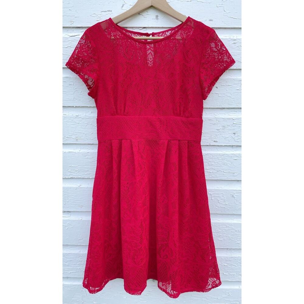 North Style Dress Womens 12 P Petite Red Lace Mini Knee Length Baby Doll Pleated